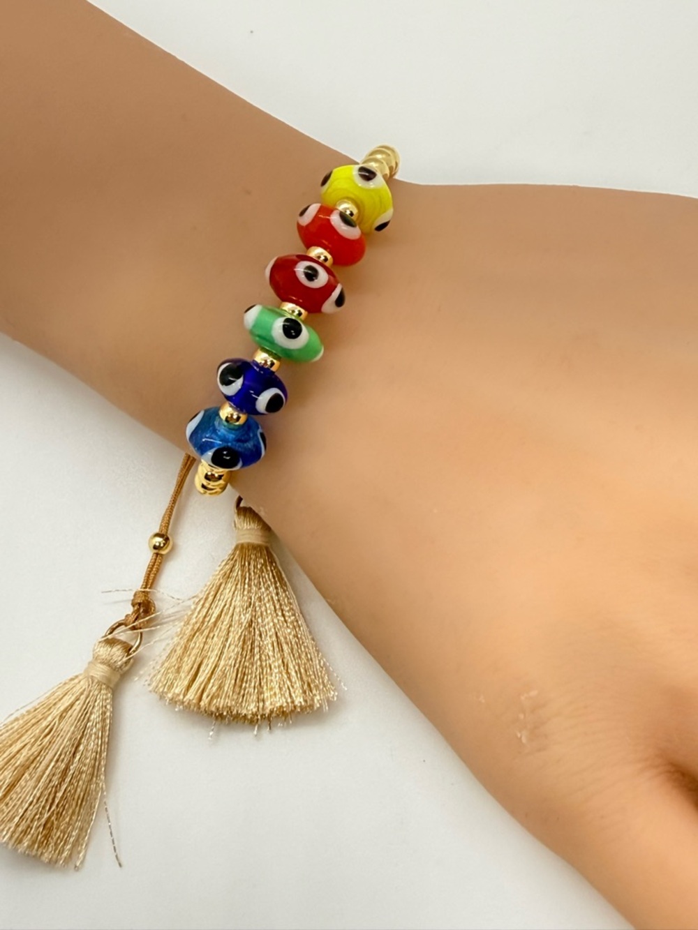 Colorful Evil Eye Beaded Bracelet with Gold Tassels